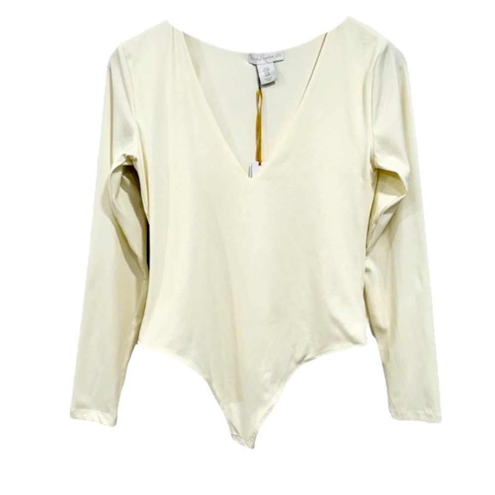 HOUSE OF HARLOW 1960 Ribbed Stretchy Long Sleeve Thong Bodysuit Cream NWT XS